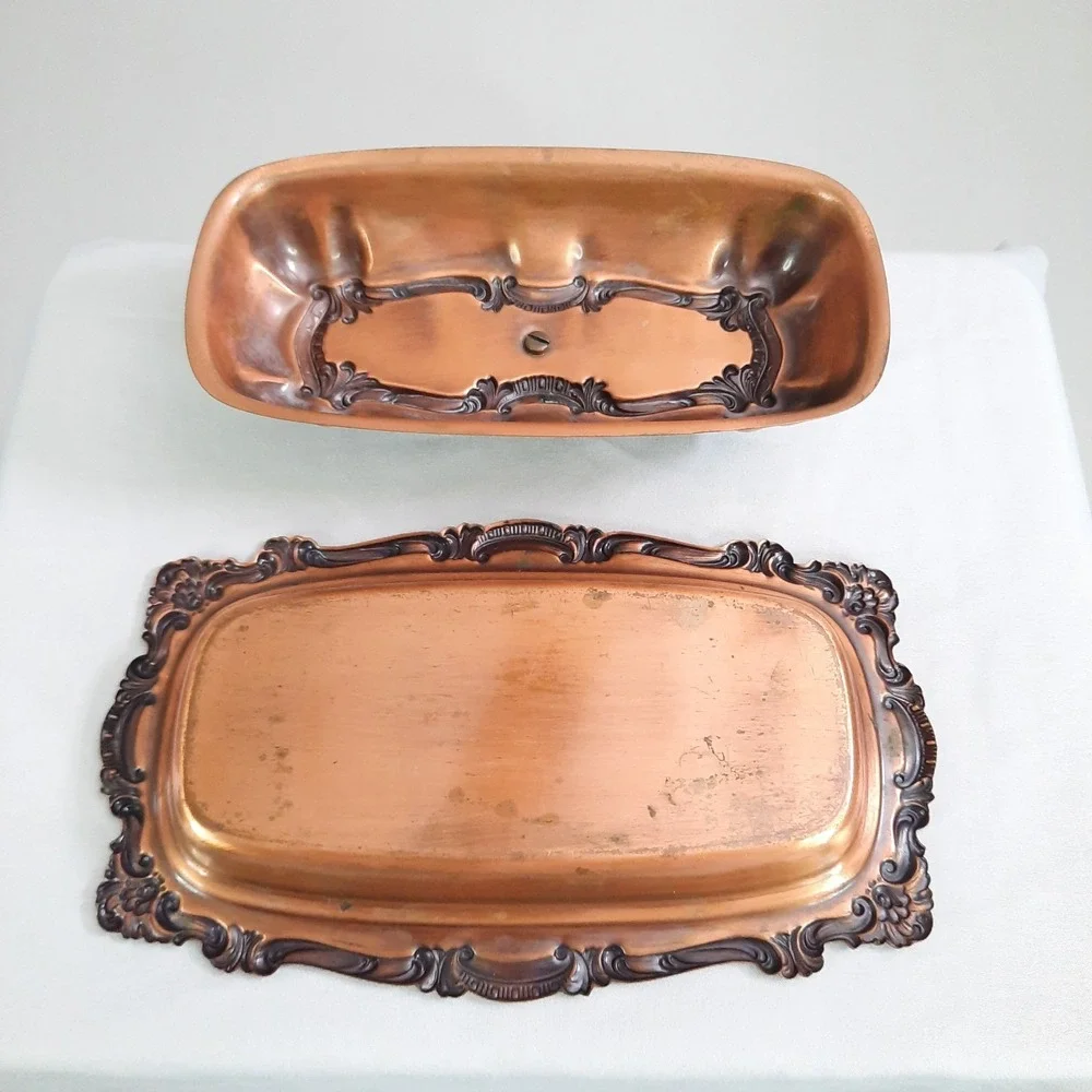 Vintage Copper Covered Butter Dish with Glass Insert Lid Ornate Cottagecore